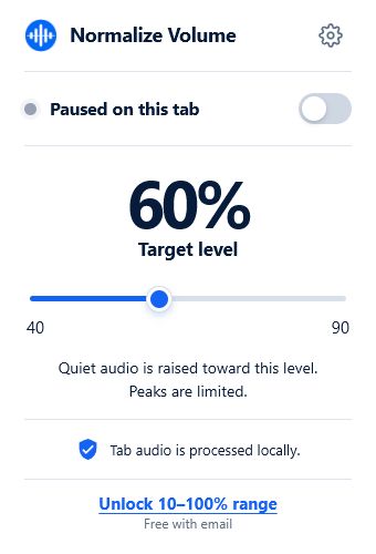 Normalize Volume popup paused on the current tab
