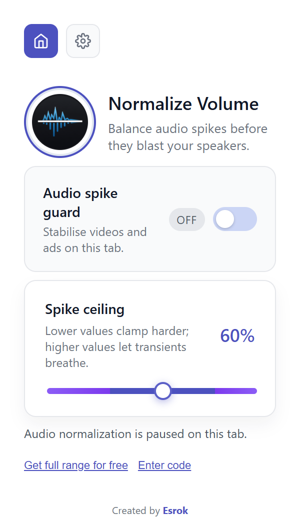 Original Normalize Volume 1.08 popup with Audio spike guard, Spike ceiling at 60%, and free range unlock links